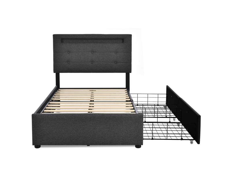  Lit enfant 90x200 cm, led, tiroirs, rangement, tête de lit réglable, sommier, lin gris, sans matelas  - Conforama R