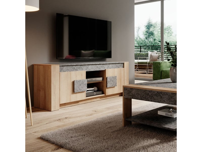  Meuble tv 2 portes aspect chêne clair et décor finition granit gris - azya AZYA - Conforama B