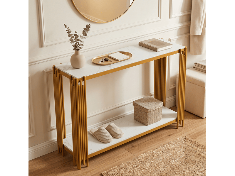  Table console à 2 niveaux effet marbre, cadre en métal doré, 123,5 x 33,5 x 80 cm  - Conforama D
