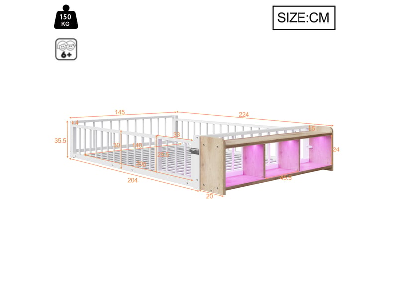 Lit 2 places enfant 140x200 cm en métal et mdf blanc avec rangement, led et barrière - Conforama C
