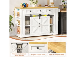 Îlot central de cuisine extensible noir 120x40x95cm 3 tiroirs 2 étagères pivotant réglable roulettes mdf cuisine rangement pratique