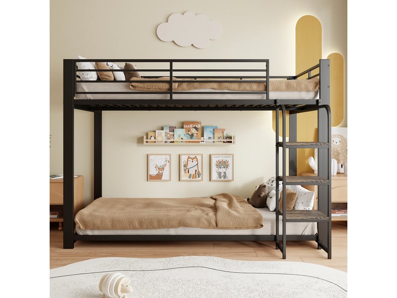  Lit superposé enfant 90x200 cm en métal, avec escalier-étagère en bois, garde-corps et structure renforcée, noir  - Conforama D