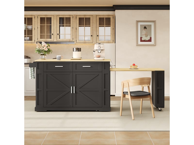  Îlot de cuisine avec table extensible et prises, meuble de cuisine noir et chêne, 130x50x93cm  - Conforama R