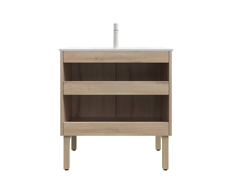  Meuble sous vasque 80 cm à deux portes avec étagère - lpospi - vasque intégrée pierre frittée blanc chêne  - Conforama D