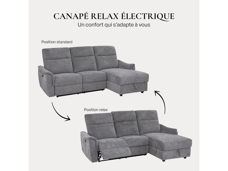  Canapé d'angle relax électrique avec coffre en tissu gris - angle  - Conforama D