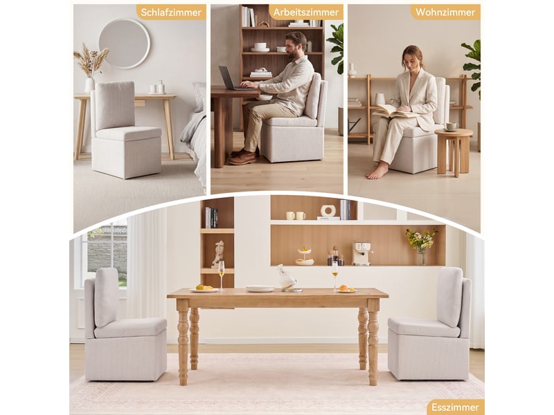  Chaise de salle à manger pivotante rembourrée avec coffre de rangement et roulettes, en chenille gris beige  - Conforama C