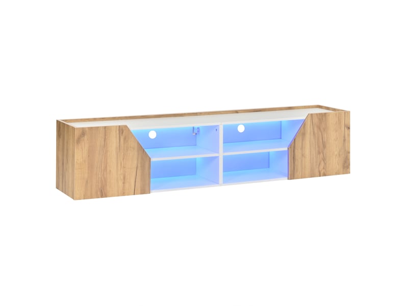  Meuble tv mural 180x36.5x40 cm avec led rgb bluetooth, blanc et aspect bois  - Conforama R