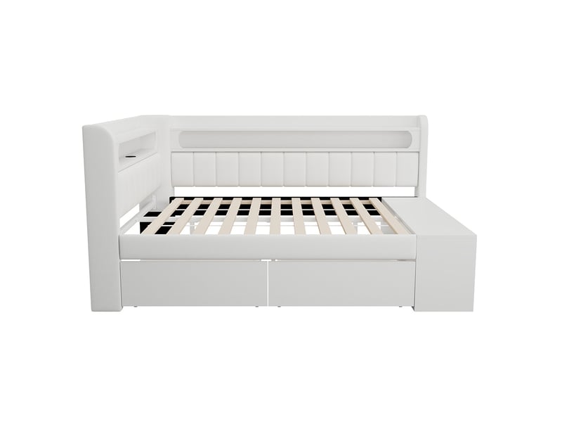  Canapé-lit rembourré 90 x 200 cm avec port usb et led, comprenant un meuble à chaussures et deux tiroirs, tissu lin, blanc  - Conforama E