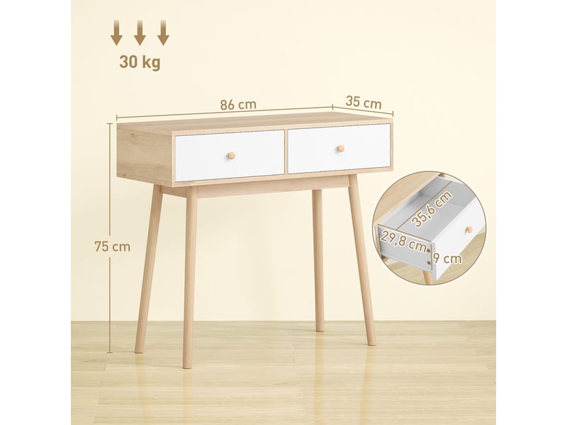  Console à 2 tiroirs, design moderne en chêne et blanc, idéale pour une entrée, un salon ou un couloir, 86 x 35 x 75 cm  - Conforama E