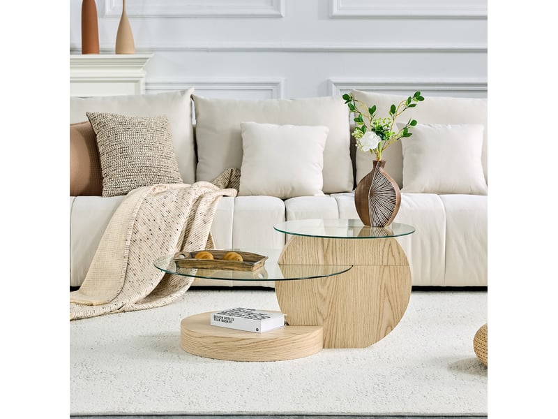  Table basse à deux niveaux en verre de sécurité et mdf décor bois clair, 90 x 70 x 44 cm  - Conforama C