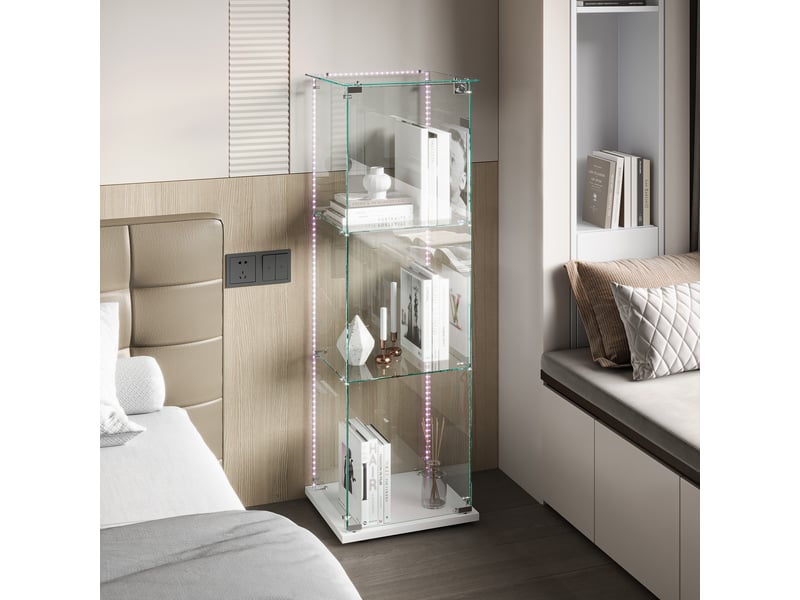 Vitrine en verre 3 niveaux simple porte - 39,8 x 35 x 123,5 cm - blanc - armoire d'exposition avec ruban led et base blanche - Conforama C