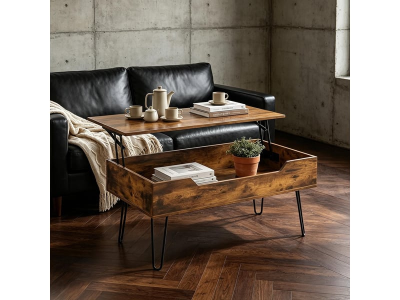  Table basse relevable avec compartiment caché et pieds métal pour salon, surface mélaminée noyer 95×50×40 cm  - Conforama C