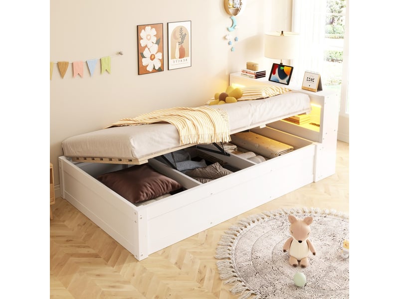 Lit banquette 90x200 cm avec rangements led multicolore prise euro mécanisme hydraulique bois massif blanc - Conforama B