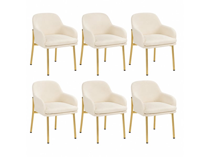  Lot de 6 chaises de salle à manger 61,00 × 59,00 × 78,50 cm en métal et bois avec tissu polyester, accoudoirs et pieds réglables blanc chicfurn  - Conforama A