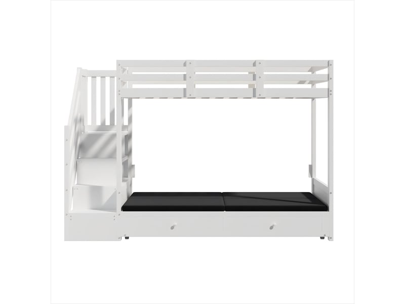  Lit superposé enfant, lit double, lit enfant multifonctionnel, avec escalier et 2 tiroirs, sans matelas, le niveau inférieur peut servir de lit ou de canapé et comprend des coussins, blanc, 90*200  - Conforama D