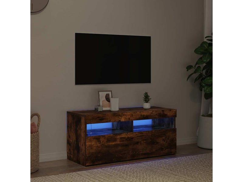  Meuble tv - banc tv - meuble de rangement avec lumières led chêne fumé 90x35x40 cm  - Conforama C