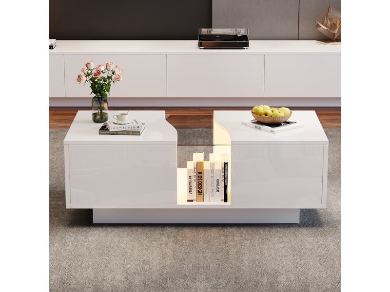 Table basse moderne avec éclairage led et 2 tiroirs – 100 x 50 x 35 cm, table d'appoint blanche laquée brillante avec éclairage led et plateau en acrylique, table d'appoint en mdf pour salon ou chambre  - Conforama B