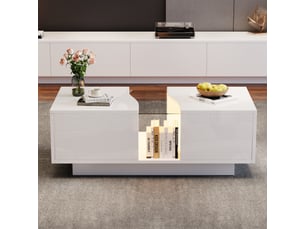 Table basse moderne avec éclairage led et 2 tiroirs – 100 x 50 x 35 cm, table d'appoint blanche laquée brillante avec éclairage led et plateau en acrylique, table d'appoint en mdf pour salon ou chambre