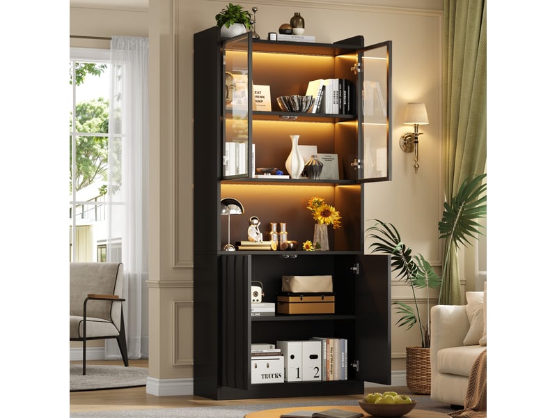 Vitrine haute avec 4 portes, led bluetooth, 5 compartiments et étagères réglables, noir, 80 × 35 × 200 cm - Conforama B