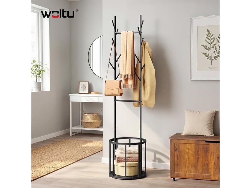 Portemanteau métallique avec panier de rangement rond, vestiair, 41x41x175cm,noir  - Conforama B