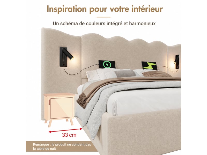 Lit coffre 180x200 avec sommier, liseuses et usb-c, en lin beige - Conforama D