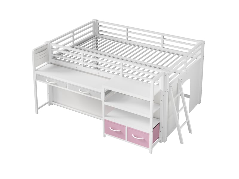  Lit mezzanine enfant 140x200 cm – blanc – bureau, étagères, tiroirs en tissu et éclairage led - sans matelas  - Conforama D