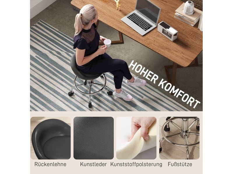  Tabouret de travail 33x37x49-65 cm à roulettes, hauteur réglable, pivotant 360°, dossier, pour bureau, similicuir noir  - Conforama D