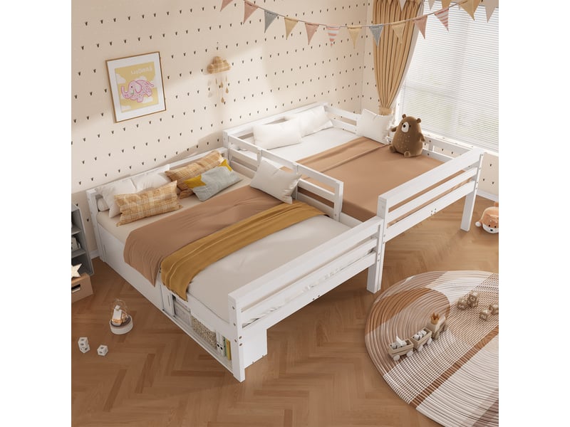  Lit superposé enfant 140x200 cm - avec 2 portes coulissantes - avec échelle - peut être séparé en deux lits simples - bois massif + mdf - blanc (sans matelas)  - Conforama D