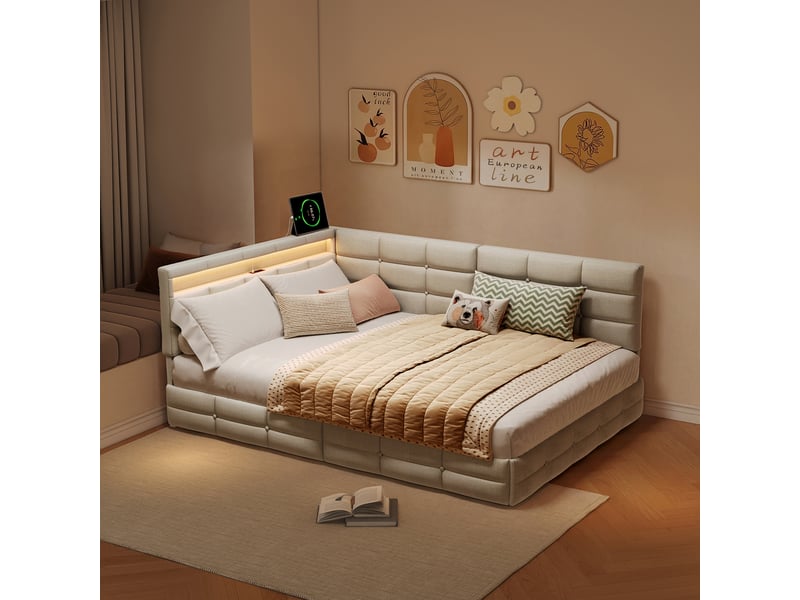  Lit double adulte 140x200 cm, tête de lit en forme de l réglable, 2 tiroirs de rangement, led et ports usb, tissu en lin, beige  - Conforama D