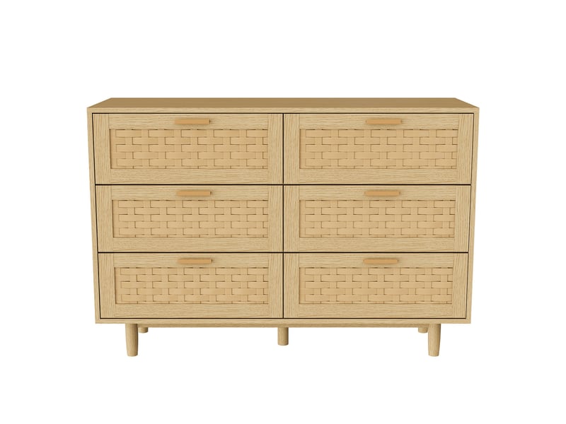  Commode 6 tiroirs - 115x40x80cm - meuble de rangement effet rotin tressé &amp; pieds en bois - chêne clair  - Conforama A
