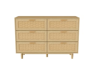 Commode 6 tiroirs - 115x40x80cm - meuble de rangement effet rotin tressé & pieds en bois - chêne clair