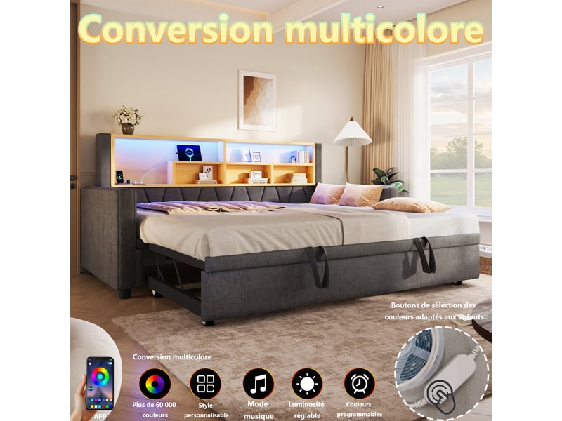  Canapé-lit 90 × 200 cm + 180 × 200 cm – avec bande led – avec prise électrique – revêtement en tissu lin – gris (matelas non inclus)  - Conforama W