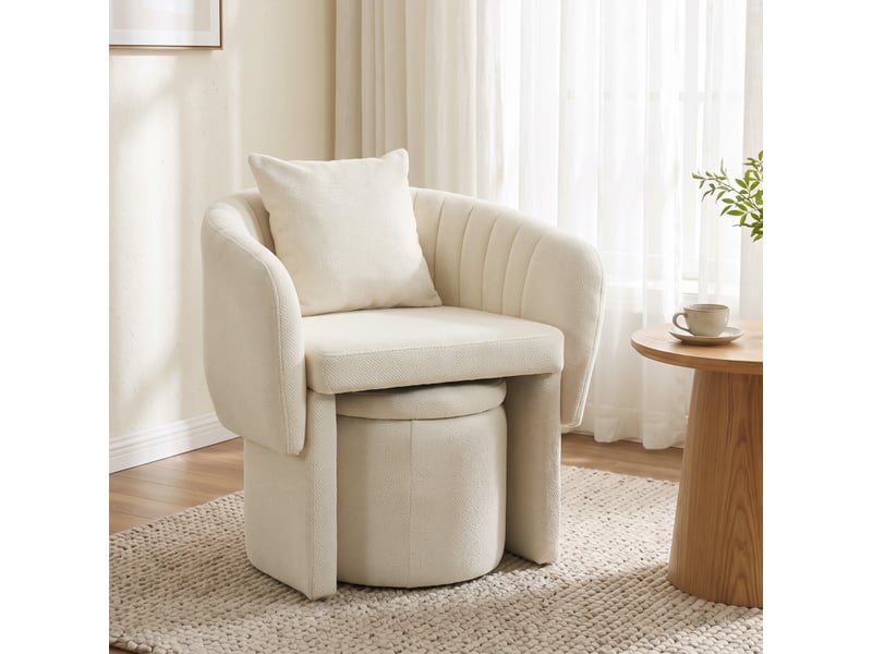  Fauteuil avec pouf et coussin lombaire, dossier enveloppant pour salon, revêtement en chenille de polyester beige  - Conforama B