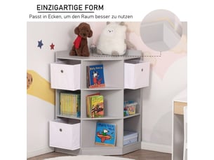 Étagère d’angle enfant grise, 3 bacs de rangement, meuble jouets, 57,4x57,4x94 cm, 3-12 ans