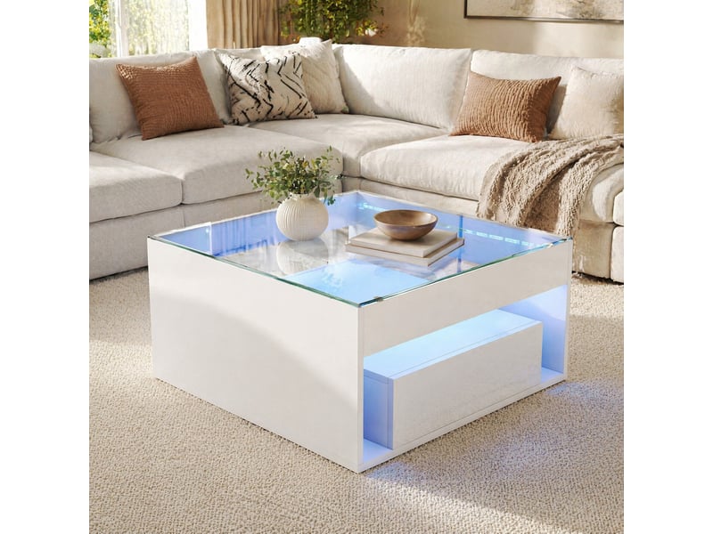  Table basse avec 2 tiroirs, niche ouverte et led, pour salon, 70 × 70 × 35 cm, en mdf et verre trempé, blanc  - Conforama B