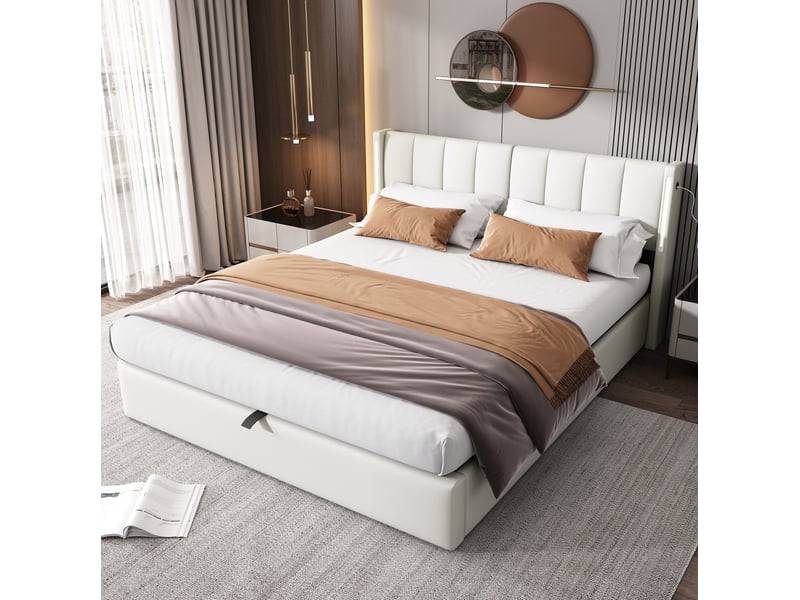  Lit coffre led 140x200 cm avec usb, tête de lit réglable, pu blanc sans matelas  - Conforama B
