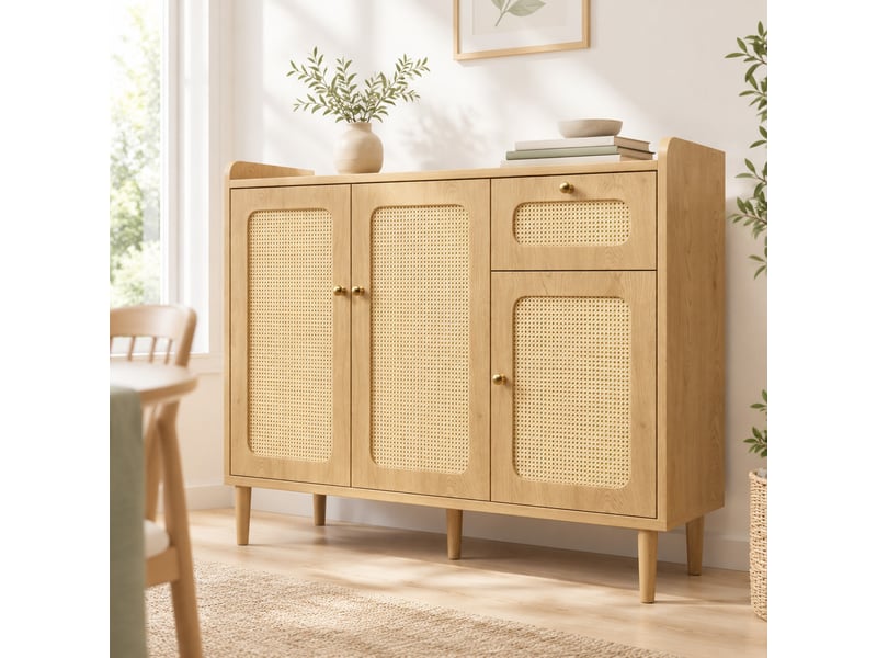  Buffet en mdf avec 3 portes, tiroir et étagères réglables, fermeture douce pour salon dimensions 120×40×91 cm chêne  - Conforama C
