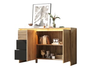 Buffet avec éclairage led 105x40x76 cm, 2 portes, 3 tiroirs, meuble de cuisine, idéal pour salon et salle à manger, aggloméré, noir+naturel