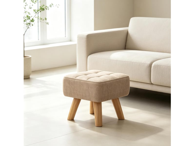  Repose-pieds carré rembourré beige avec tissu aspect lin, pieds antidérapants  - Conforama C