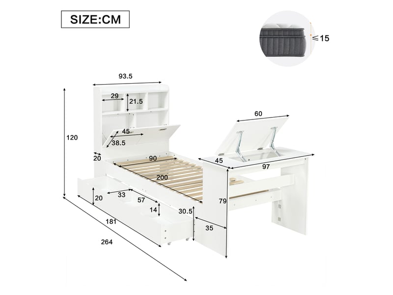  Lit enfant simple 90x200 cm, rangement, table rabattable, tête de lit rangement, structure bois, blanc, sans matelas  - Conforama C