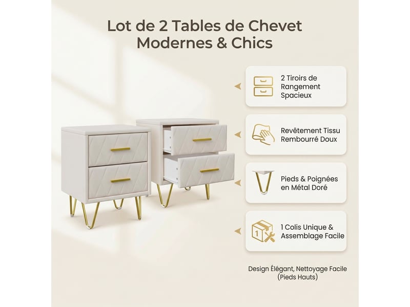  Lot de 2 tables de chevet, 41x35.5x51 cm, avec 2 tiroirs, pieds en métal doré, style moderne, beige  - Conforama C