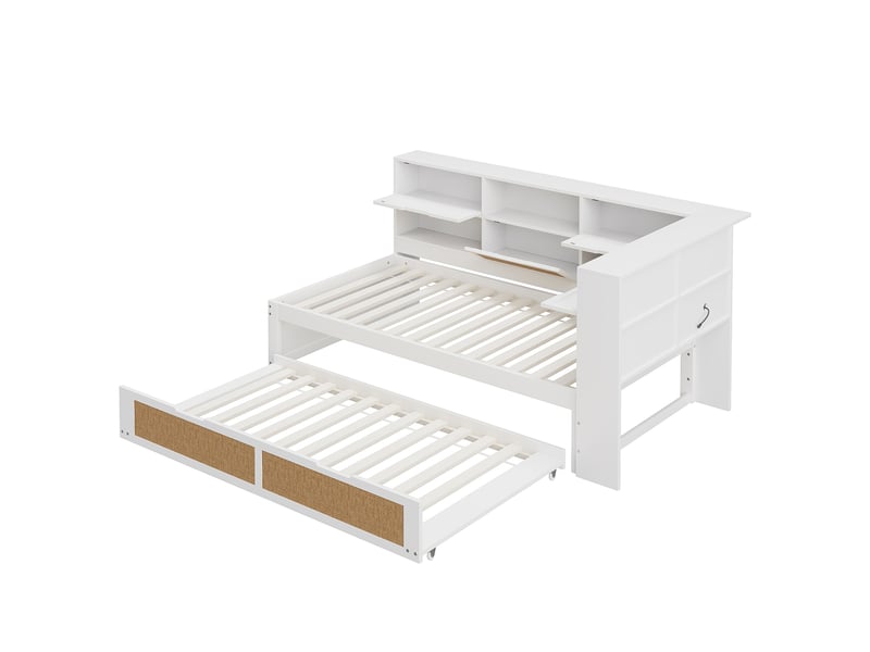  Lit simple enfant 90x200 cm – blanc – lit gigogne 90x190 cm, rangements et prises de charge – sans matelas  - Conforama D
