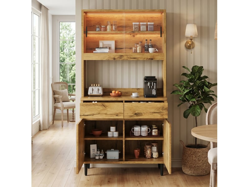 Buffet haut avec portes vitrées, led et prises usb pour séjour, en panneaux de particules, chêne, 100 × 40 × 185 cm - Conforama B