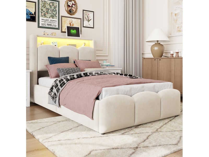 Lit enfant 90x200 cm avec rangement hydraulique et led métal mdf beige sans matelas - Conforama B
