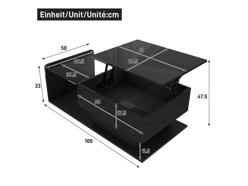  Table basse relevable 100x50cm avec verre trempé et led connectée | coffre et niche laqué brillant | charge 35kg - noir  - Conforama E