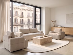 Canapé droit fixe 5 places Tissu beige avec coffre de rangement
