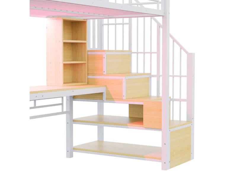  Lit mezzanine 90x200 cm - avec bureau et led - lit simple - escalier avec rangement, prises, barrière de sécurité, métal blanc  - Conforama D
