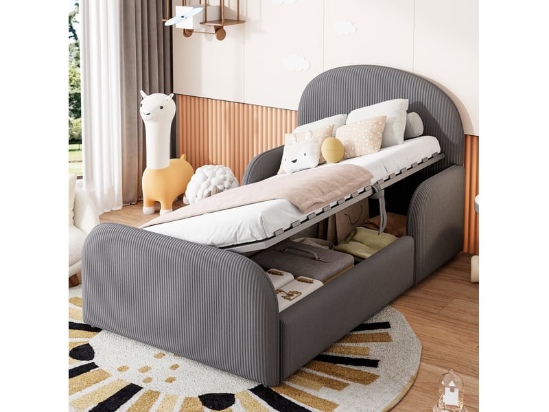  Lit enfant rembourré 90 x 200 cm avec rangement hydraulique en velours gris  - Conforama C
