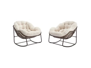 Fauteuil à bascule extérieur en résine tressée blanche avec coussin, structure acier, détente au jardin