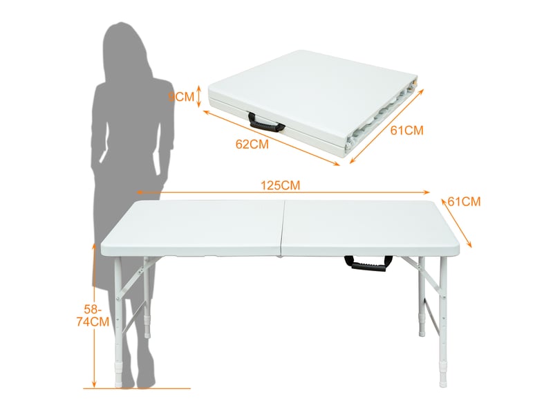 Table pliante ulevr 125 x 61 cm, hauteur réglable 58 à 74 cm, avec poignée de transport, plateau en plastique blanc et pieds en acier - Conforama B